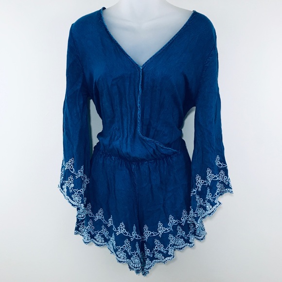 Elan Pants - 2/$40 Blue Denim Eyelet Trim Embroidered Romper